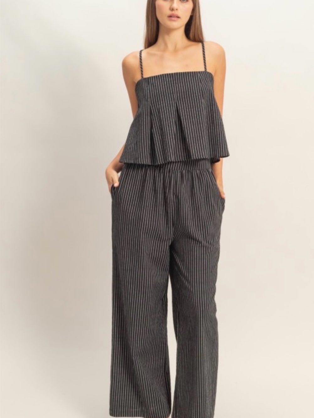 Striped Black Wide-Leg Jumpsuit with Spaghetti Straps set